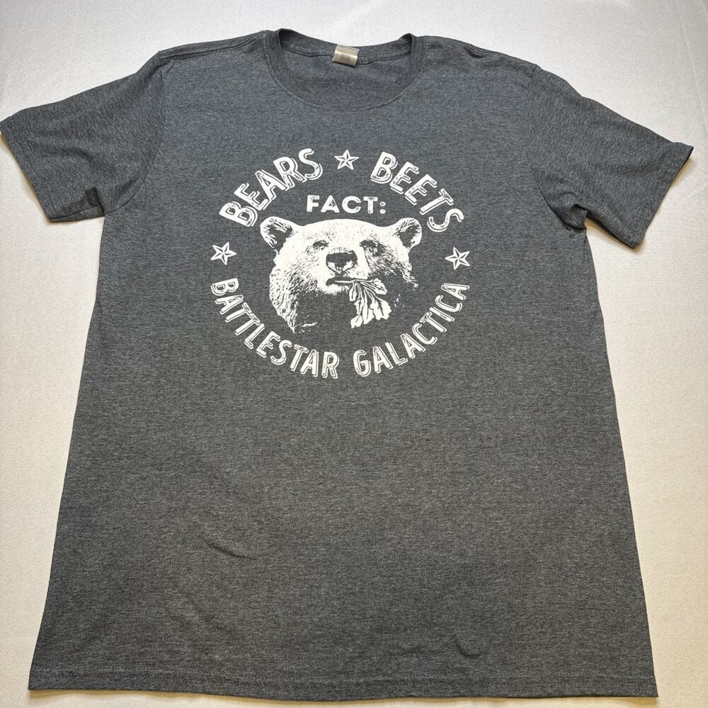 Battlestar Galactica T Shirt Grey Sz L Caprica SciFi TV Bears Beets Fact #0100
